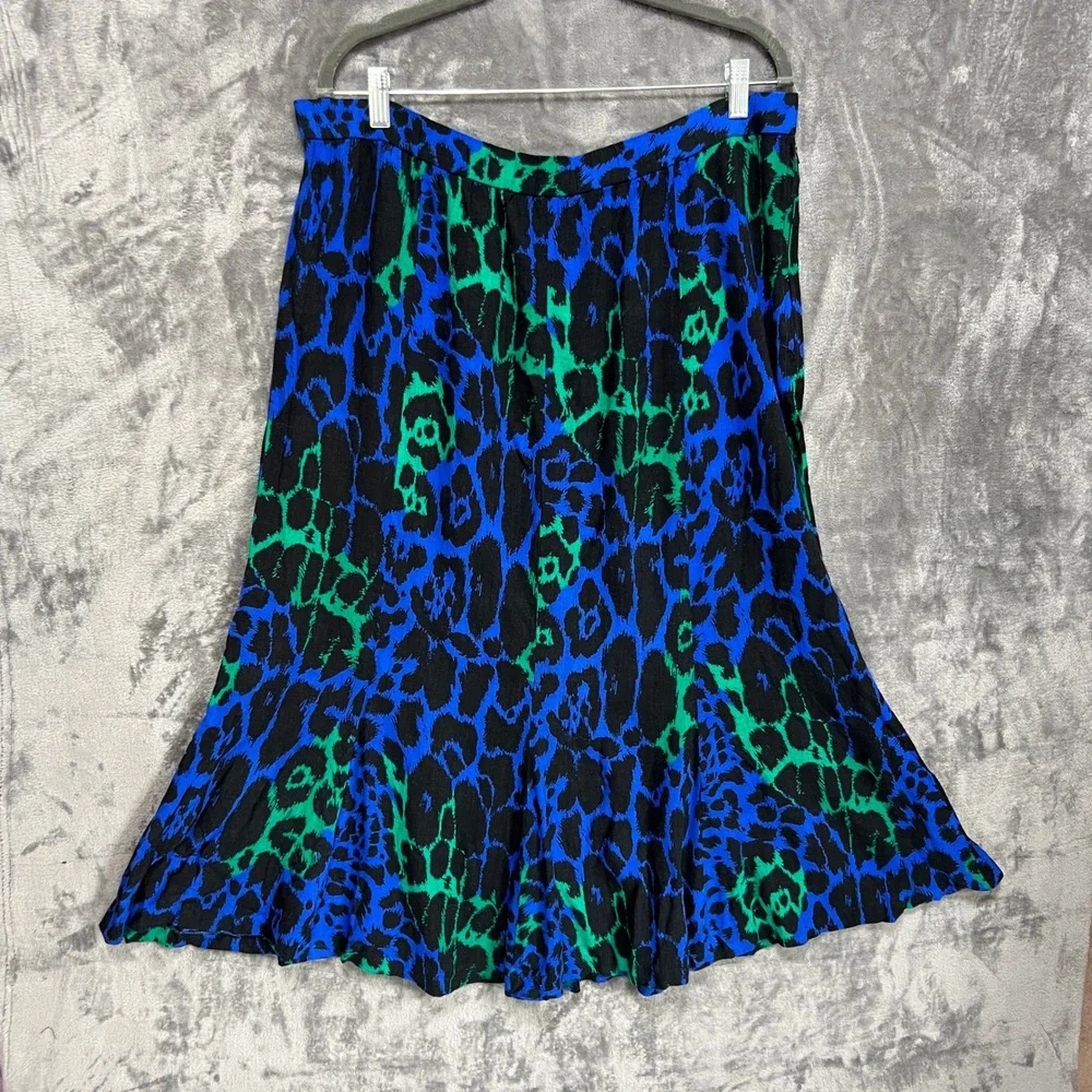 VTG 80s Glam Leopard Print 2 Piece Set Electric Blue Skirt Top Blouse Midi Funky
